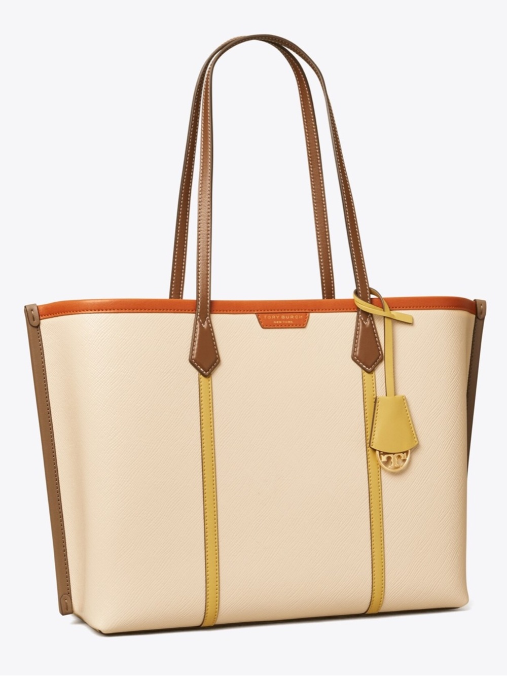 Tory Burch Cream Leather Tote with Yellow Accents and Brown Handles